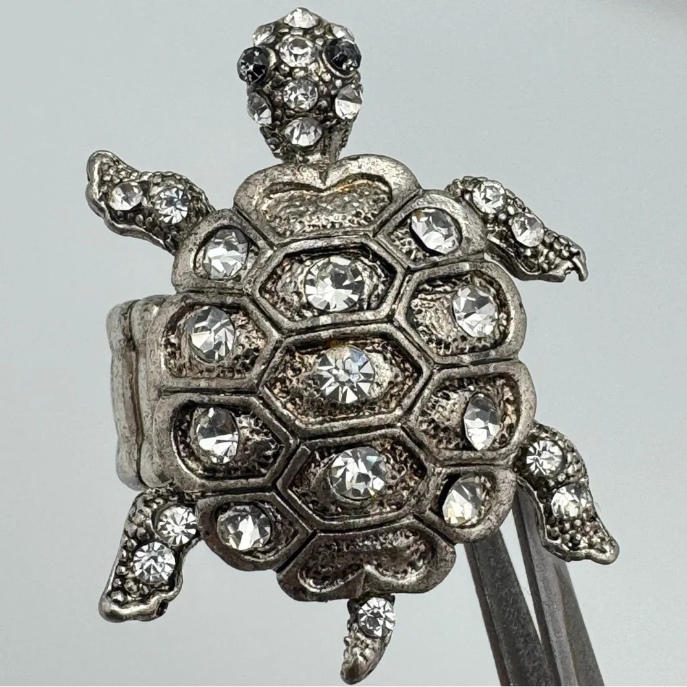 Vintage Silver Tone Turtle Stretch Ring Rhinestone Statement Size 9–10